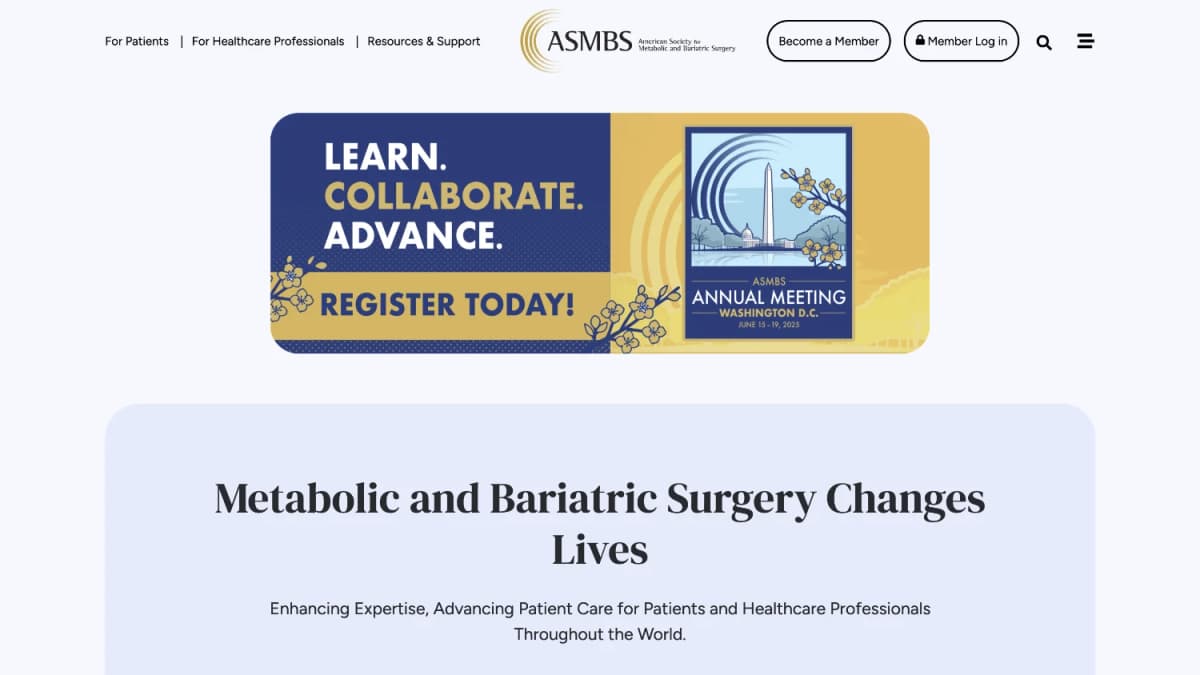 Screenshot of American Society of Metabolic and Bariatric Surgery home page