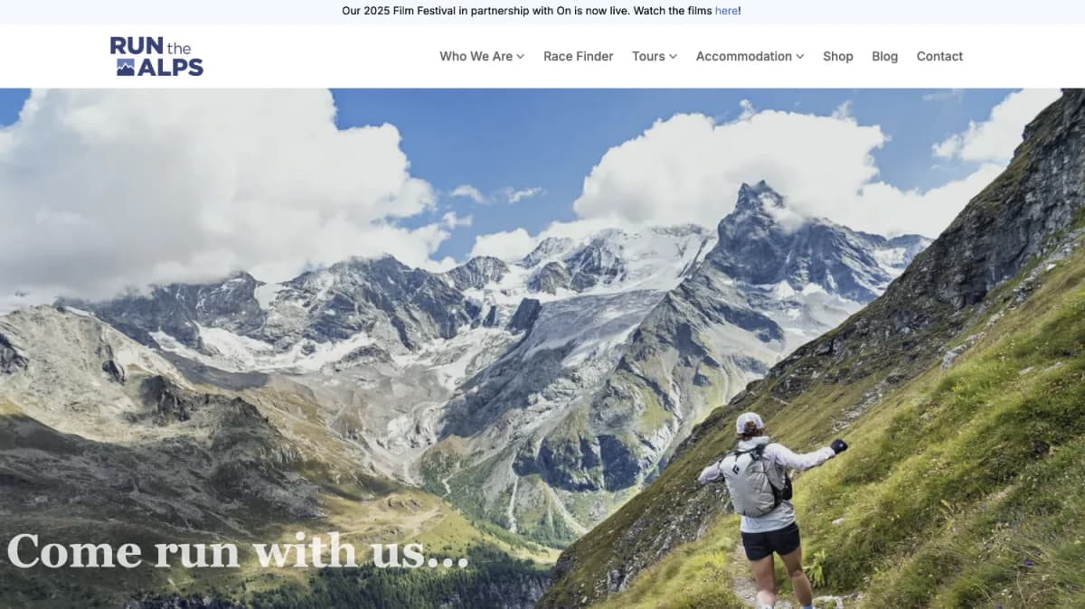 Screenshot of Run the Alps home page.